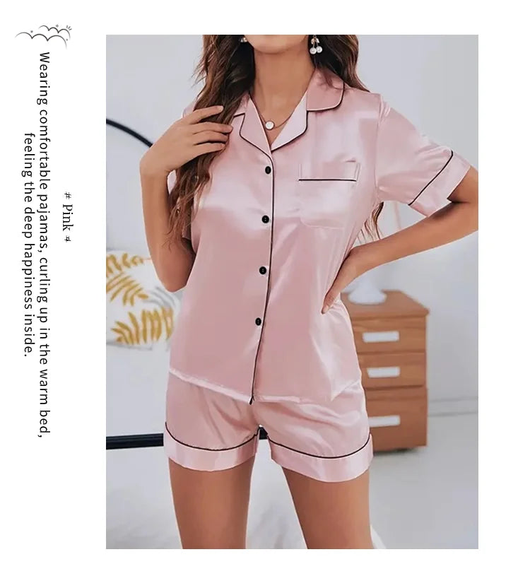 Elegant Satin Solid Pajamas Set Short Sleeve Lapel Buttons Top And Shorts Breathable Fabric Skin-Friendly Fit Women's Sleepwear