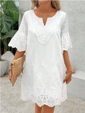 Fashion Casual Lace V-neck Short Sleeve Dress New Hollow Out Elegant Casual White Office Holiday Party Dresses Robe Femme Summer