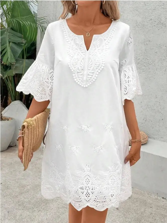 Fashion Casual Lace V-neck Short Sleeve Dress New Hollow Out Elegant Casual White Office Holiday Party Dresses Robe Femme Summer