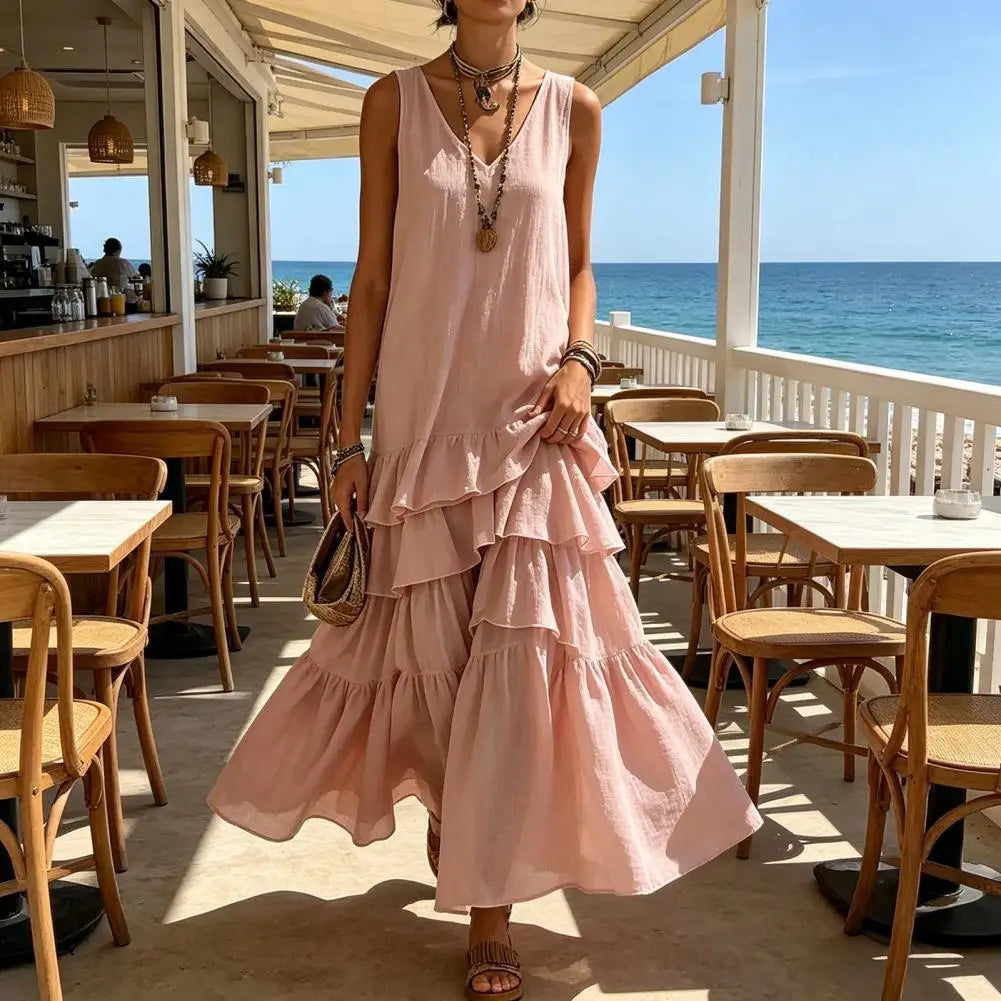 Plus Size Summer Dress Spring Solid Color Women's Loose V-neck Large Skirt Sleeveless Ruffle Edge Travel Dresses Sundress