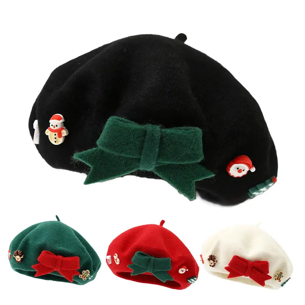 Fashion Christmas Beret Hat Red Green Sweet Christmas Beret Hat Wool Felt Dress Up Xmas Painter Hat New Year Gifts