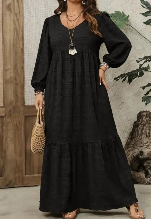 Plus Size Women Solid Textured Dress Stretchy V Neck Lantern Sleeve Loose Tiered Casual Maxi Dress