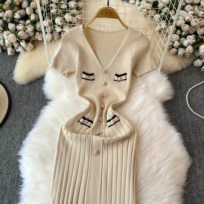 Elegant Knitted Long Dress Women Summer V Neck Single Breatsed Short Sleelve Bodycon Dresses Fashion Party Office Lady Vestidos