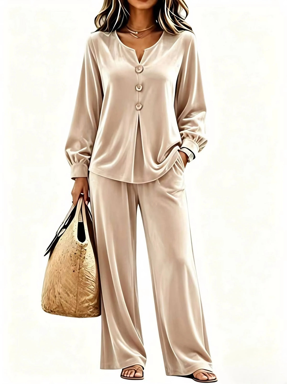Women 2 Piece Outfit V Neck Button Decor Long Lantern Sleeve Top Wide Leg Pants Casual Fall Winter Matching Set With Pockets