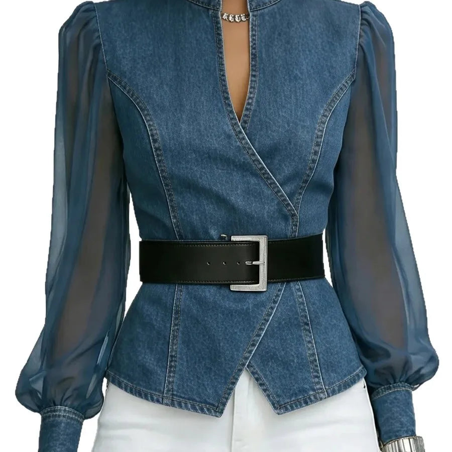2026 New Women's Denim Express Summer and Autumn New V-Neck Lace Long Sleeve Top