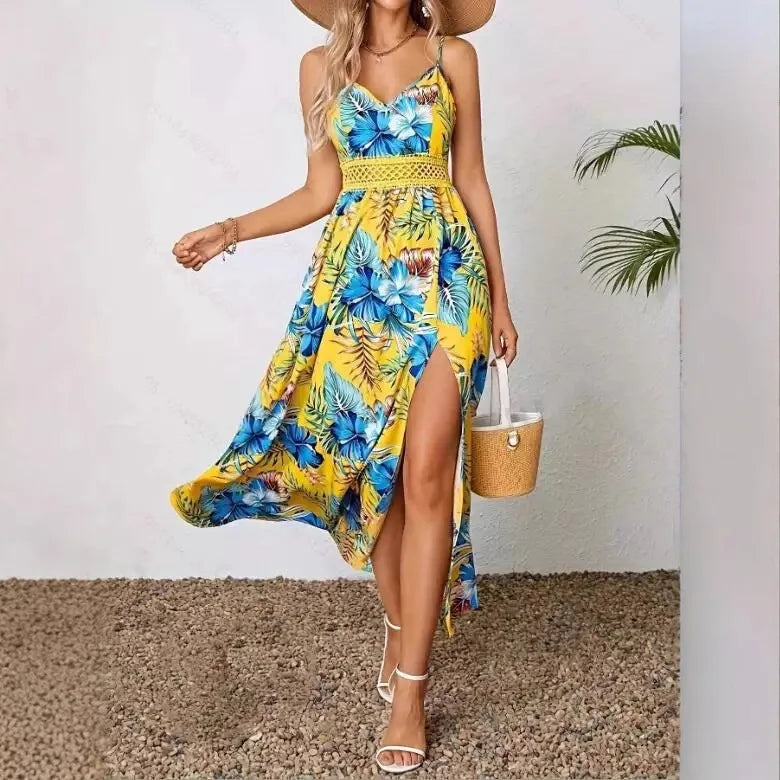 Robe Femmes V-neck Suspender Bohemian Style Fashion Printed Hem Slit Loose Dress Womens Summer New Beach Resort Style Long Skirt