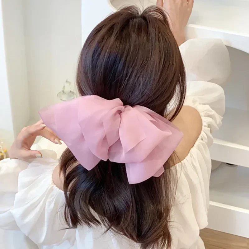 Woman White Black Chiffon Bowknot Hair Clip Super Big Bowknot Barrette for Girls Comfortable Headwear Hair Apparel Accessories