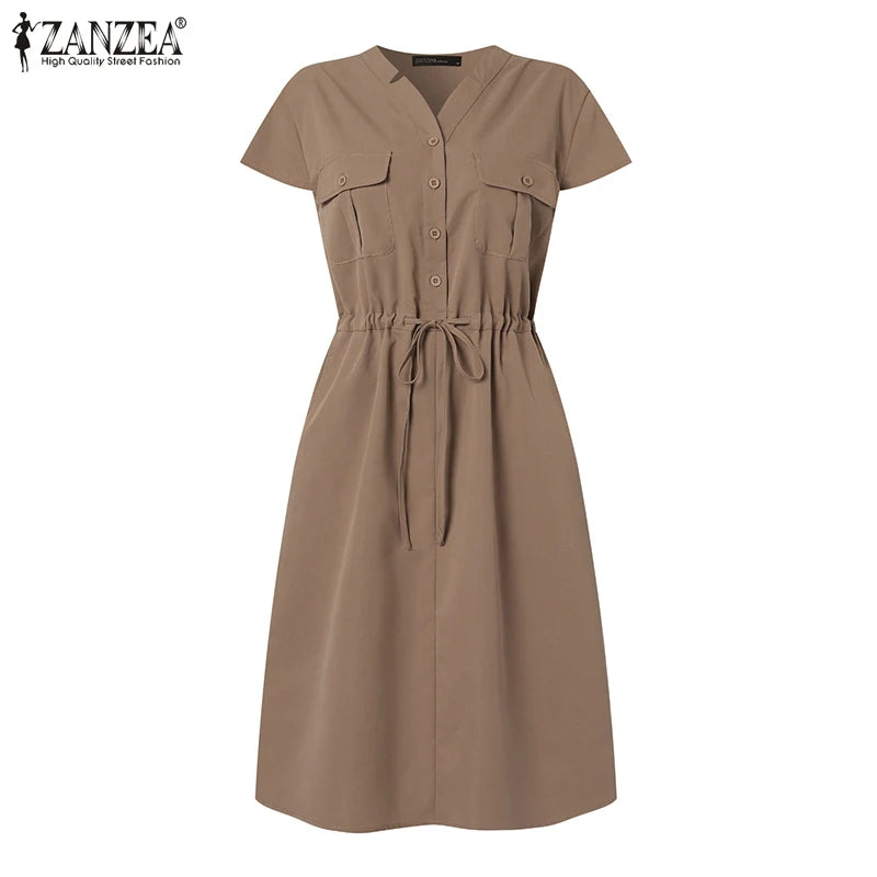 Summer Fashion Short Sleeve Dress ZANZEA Women Casual Drawstring Waist Vestidos Knee-length Robe Femme Elegant OL Work Sundress