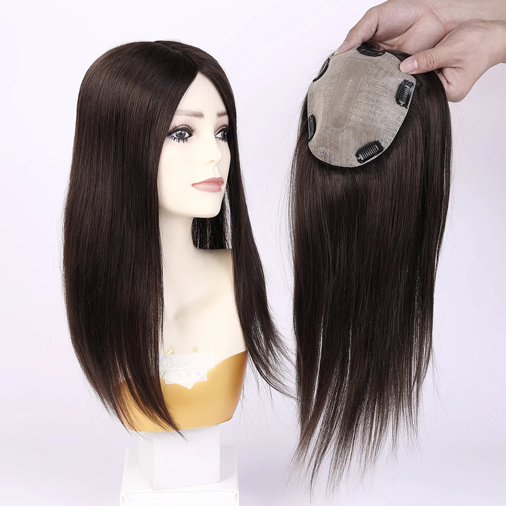 Best Quality European Remy Hair Topper 15x16cm Meddium Brown Straight Silk Base Human Hair Women Toupee 12-20inch