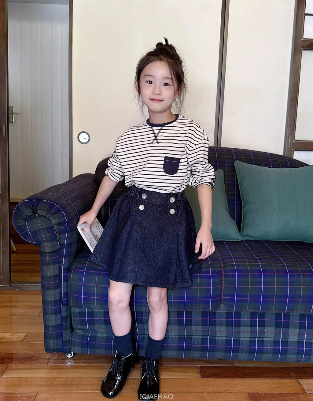 Teen Girl Clothes Children  Waist Shell Button Denim Skirt and Top Kids Versatile Casual Outfits Costumes Vintage Girls Elastic