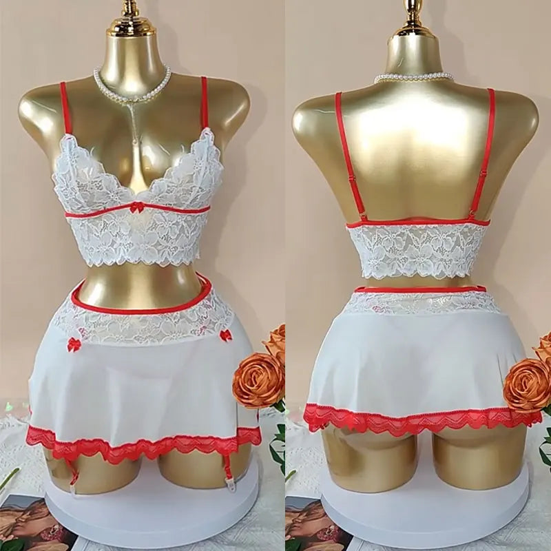Cosplay Uniform Nurse Maid Uniform Sexy Crotchless Mini Skirt Lace Bra Kit Garters Sets Sexy Outfit Lingerie Erotic Costumes