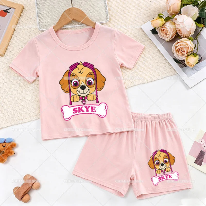 Paw Patrols 2pcs Pajama Suit Marshall Rubble Home Sleepwear Chase Skye Summer Pijamas Outfit Cartoon Print Soft Tops Shorts