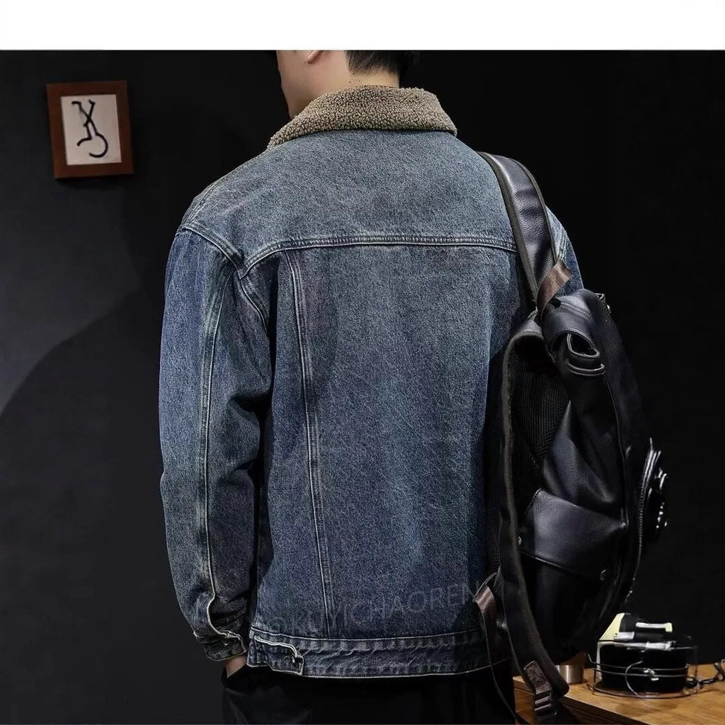 2026 Autumn and Winter Men's New Denim Jacket Fleece Thickened Retro Loose Casual Jacket