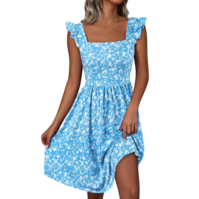 Women's Clothing Hot-selling Square Collar Sweet Floral Print Ruffled Knee-length Beach Skirt