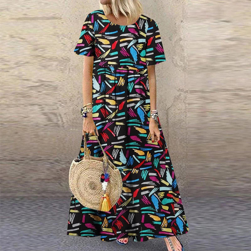 2025 ZANZEA Bohemian Holiday Sundress Summer Women Vintage Floral Printed Short Sleeve Beach Dress Loose Long Vestido Robe Femme