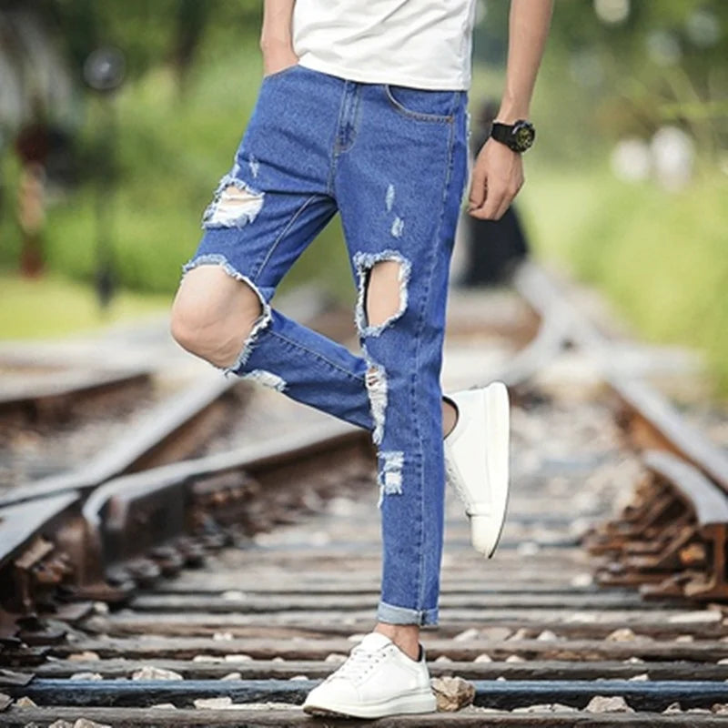 Men's Summer Thin Loose Straight Leg Jeans Casual Nine Point Ankle-Length Torn Elastic Cotton Denim Youth Fashion Wear