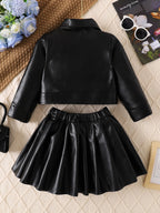 Children's Clothing for Girls, Spring and Autumn Stylish Pu Jacket and Versatile Short Skirt Two-Piece Set, New Fashion Street Style Cool Half Skirt, Easy to Clean, New Versatile Pu Leather Outfit