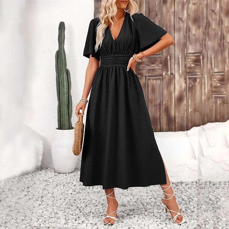 Women Ruffle Solid Pleated Long Dress Chic V Neck Short Sleeved  Black Blue Lace Up Robes Summer Lady High Street Wear Holiday