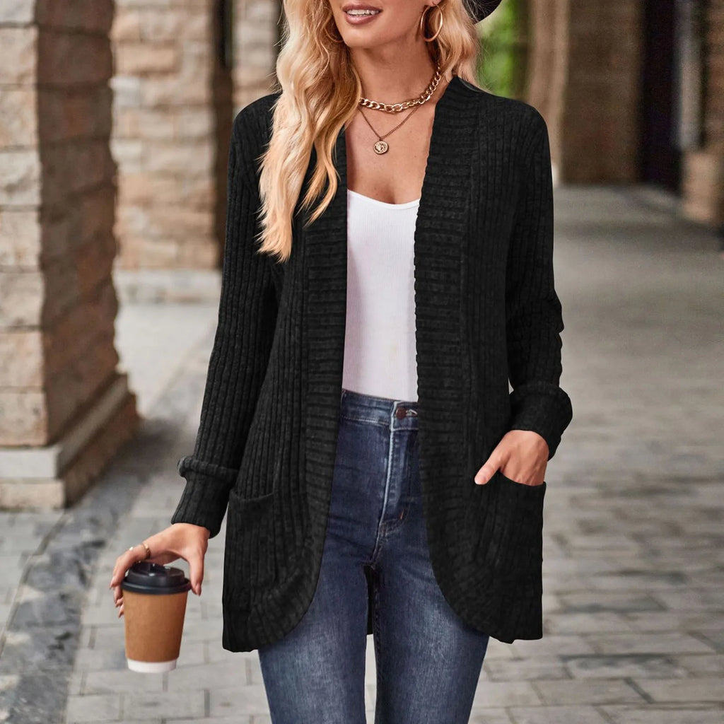 Cardigan Femme Ajouré Avec Poches – Ouvert Manches Longues Casual Automne