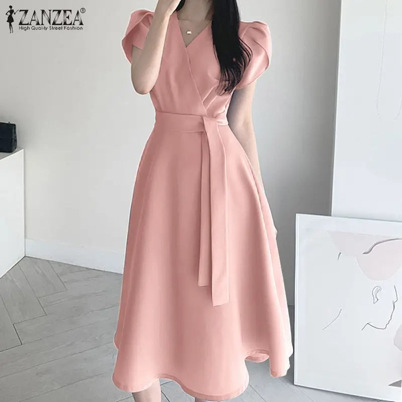 Women Fashion OL Work Sundress ZANZEA Elegant Summer Short Sleeve Dress Casual Solid A Line Vestido Kaftan Sarafans Robe Femme