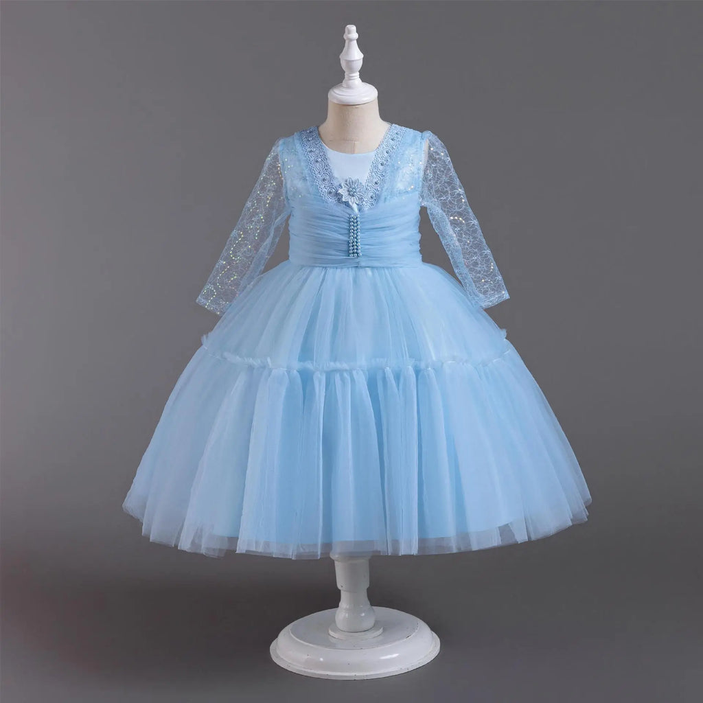 Retro Lace Kids' Dresses Beadding Draped Tulle Party Dress for Girls White Long Sleeeve Children Performance Costumes 3-10 Years