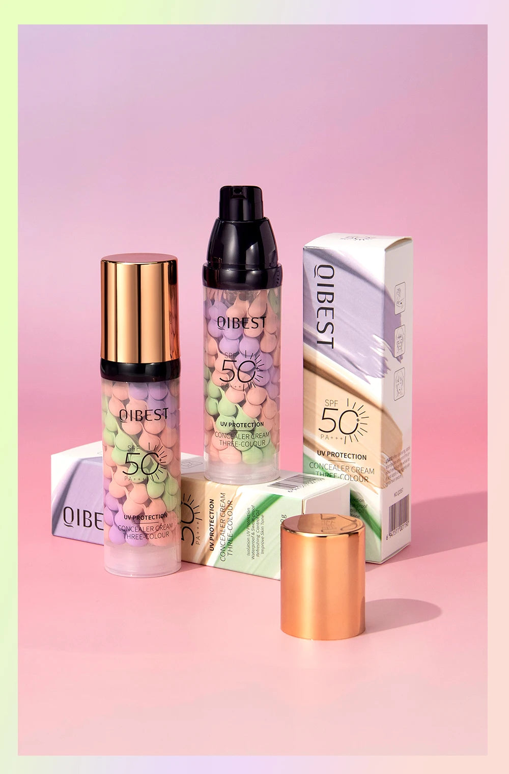 QIBEST Face Makeup Primer Tri-color Cream Brighten Contour Color Isolation Waterproof Foundation Natural Makeup Base Cream