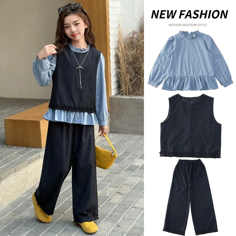 Back To School Clothing for Girls Outfits Set Toddler Kids Vest +Blue Shirt + Pants 3pcs Teens Kids Costumes Spring Autumn 2025