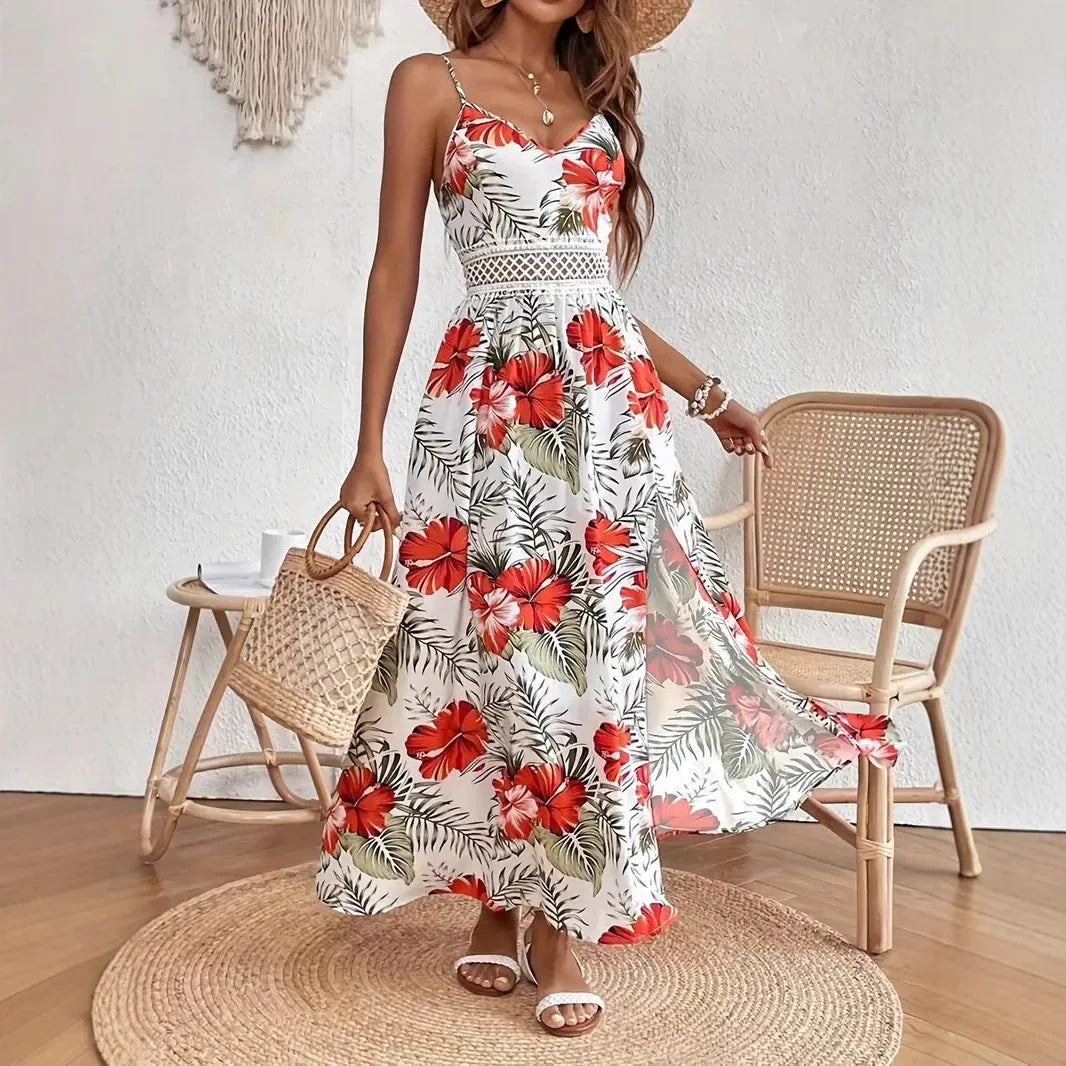 Robe Femmes V-neck Suspender Bohemian Style Fashion Printed Hem Slit Loose Dress Womens Summer New Beach Resort Style Long Skirt