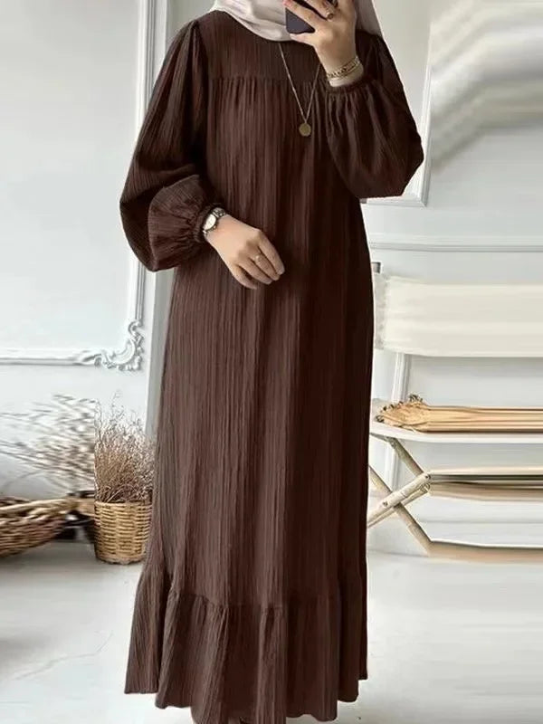 Robe Women's Spring Autumn New Fashion Bubble Sleeves Retro Comfortable Casual Breathable Pocket Ruffle Hem Knee High Dress