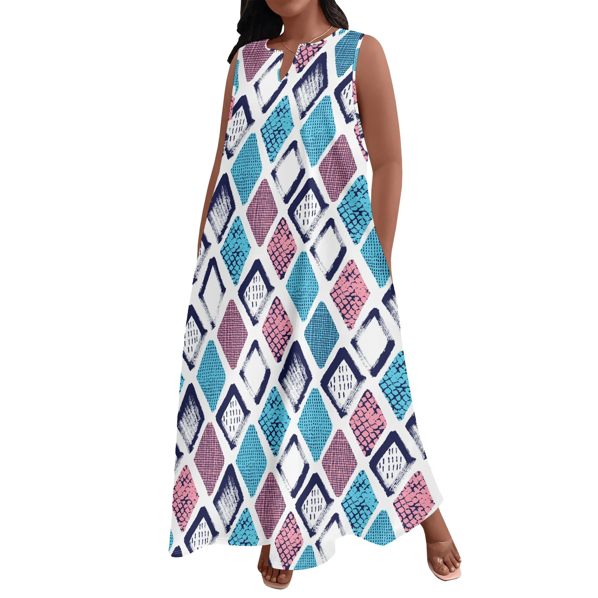 Plus Size Women's  Summerl Fashion Printed  African Style Sleeveless Round V Neck Dress Loose And Casual Dress