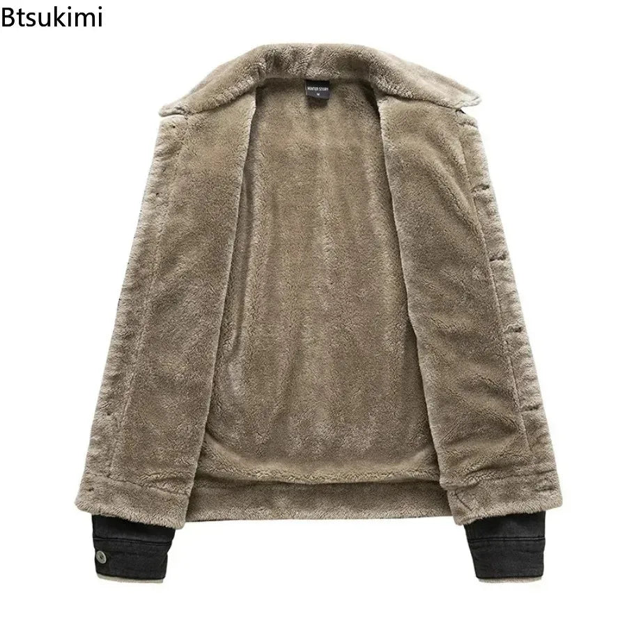 2026 Men's Vintage Denim Jacket Autumn Winter New Thicked Plush Liner Warm Loose Casual Lapel Neck Coat Male Fashion Jean Parkas