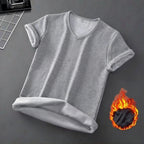 Men Thermal Velvet Shirt Short Sleeve V-Neck Base Shirt Autumn/Winter Thickened Warm Underwear Fleece Lined Slim Half Sleeve Top