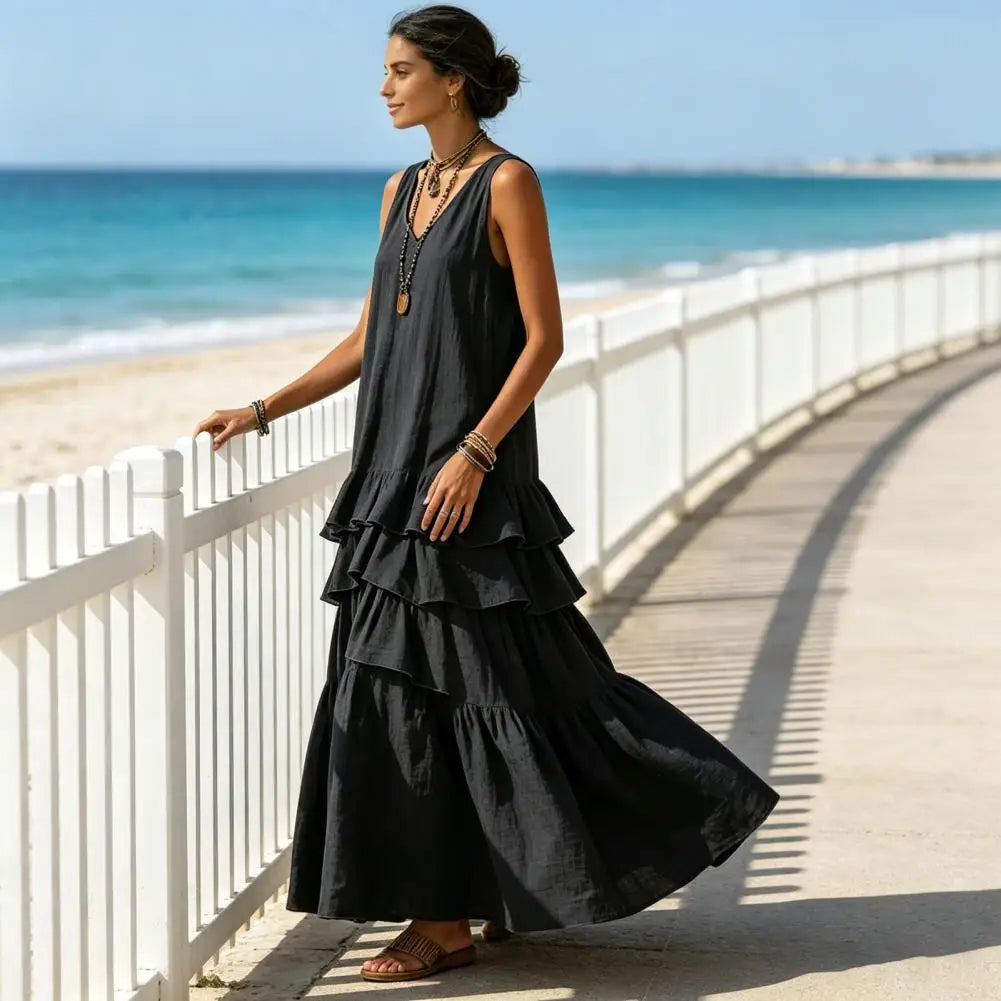 Plus Size Summer Dress Spring Solid Color Women's Loose V-neck Large Skirt Sleeveless Ruffle Edge Travel Dresses Sundress