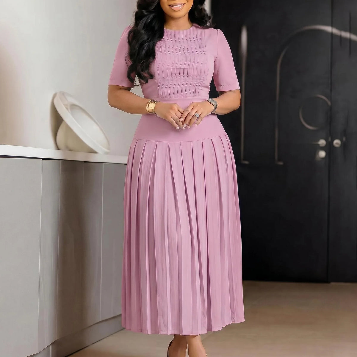 Vestido De Noche Elegante Mujer Sleeveless Round Neck Vest Long Pleated Dress Spring Summer Womens New Solid Color Evening Dress