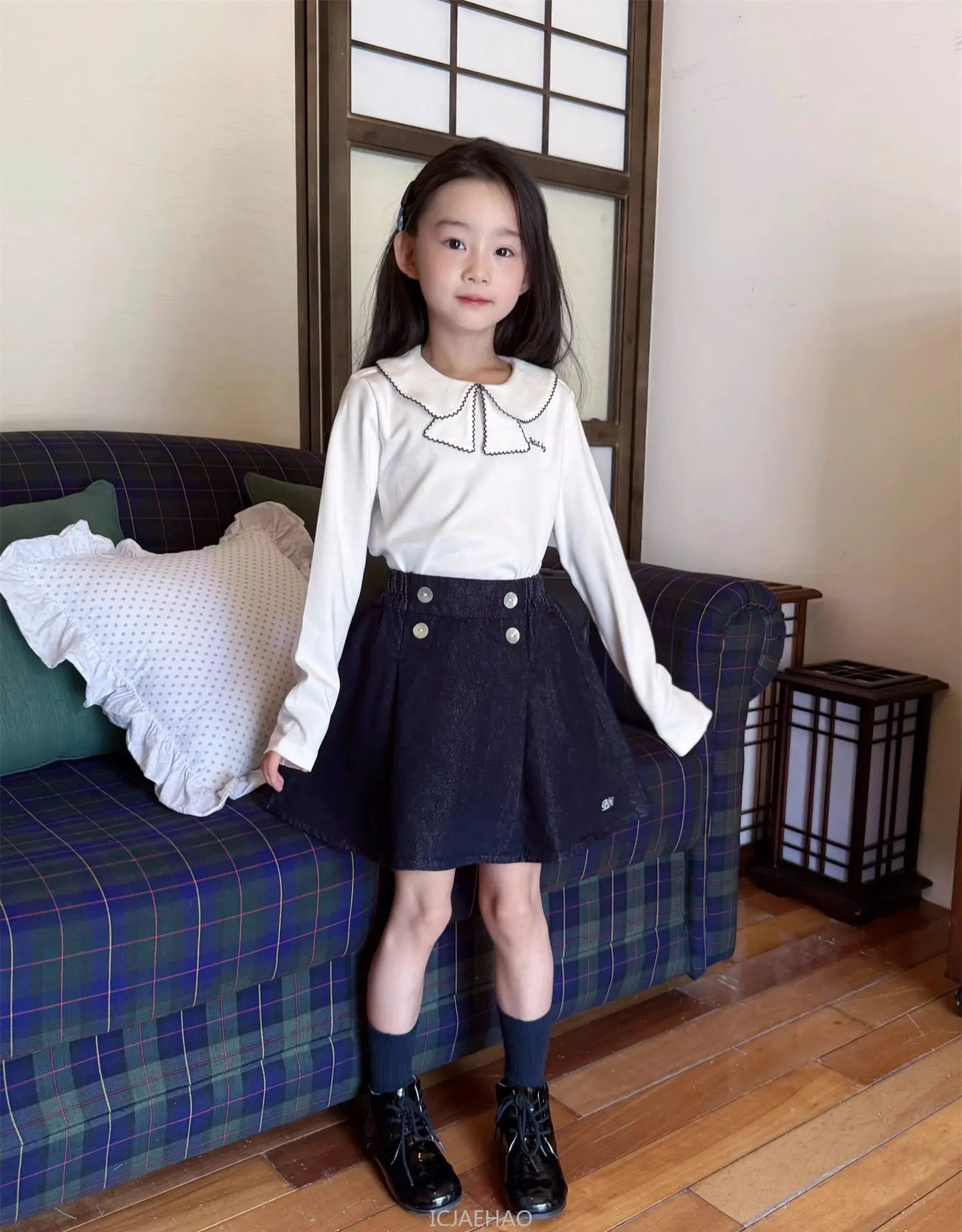 Teen Girl Clothes Children Costumes Vintage Girls Elastic Waist Shell Button Denim Skirt and Top Kids Versatile Casual Outfits