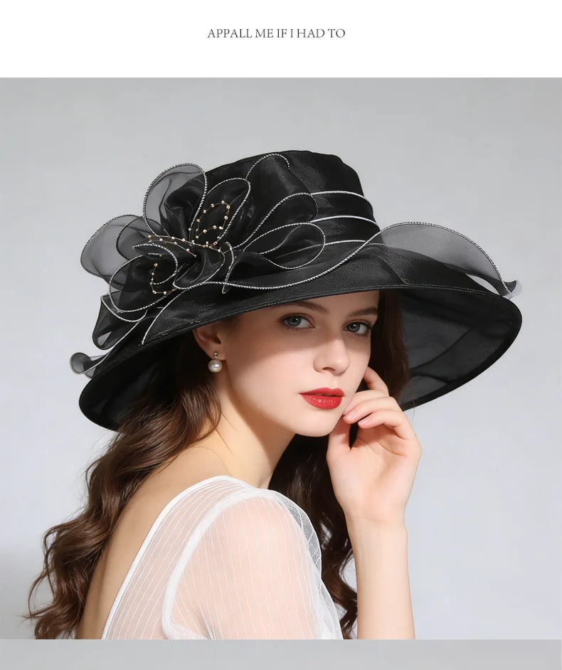  French Vintage Women Foldable Organza Church Derby Hat Ruffles Wide Brim Uv Protection Sun Hat  Ladies Outdoor Styling