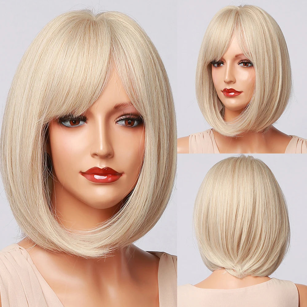 LOUIS FERRE Short Blonde Highlight Brown Bobo Wigs For Women Daily Cosplay Natural Straight Wig High Temperature Synthetic Wigs