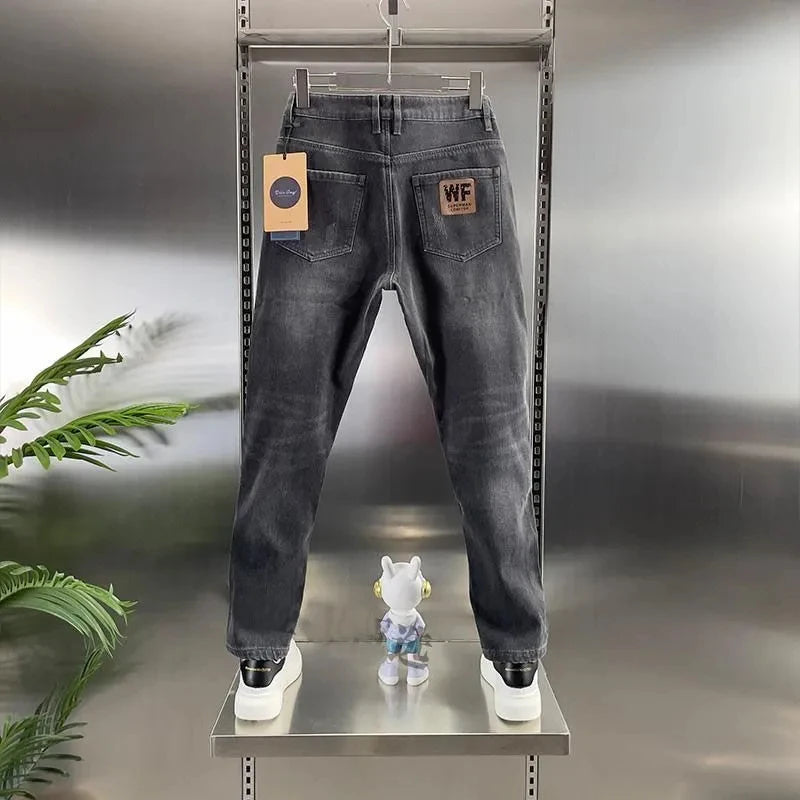 Thick Jeans Men's Slim Fit Spring Autumn Winter Casual Long Pants Cotton Stretch Denim mid Waist Zipper Closure Wear Resistant