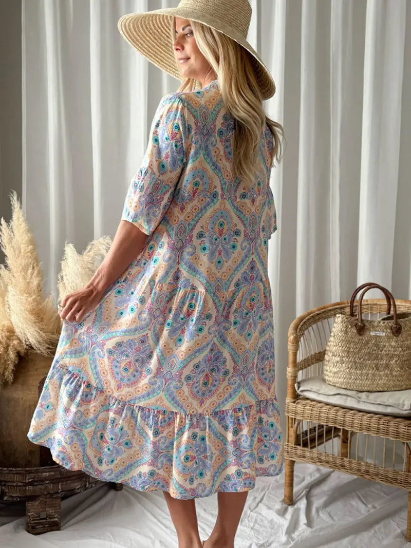 New Plus Size Women Boho Paisley Print Shirt Dress, Casual Flowy Ruffle Hem Long Dress for Summer Vacation Daily Wear
