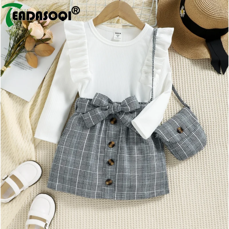 4-7Y Children Girls Clothing Outfit Solid Color Long Sleeve Ruffle Tops+Plaid Skirt With Belt+Bag Kids Girl Costume 3Pcs Set