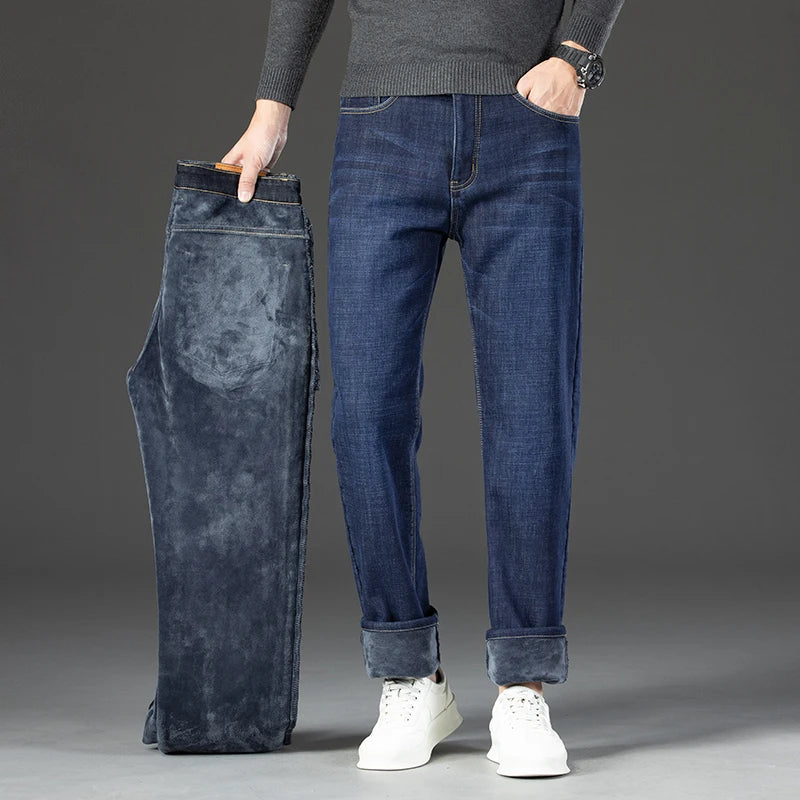 2026 Winter Fleece Thick Warm Men Jeans Slim Skinny Stretch Straight Classic Version of  Denim Plush Pants Male Brand Clothing