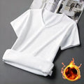 Men Thermal Velvet Shirt Short Sleeve V-Neck Base Shirt Autumn/Winter Thickened Warm Underwear Fleece Lined Slim Half Sleeve Top