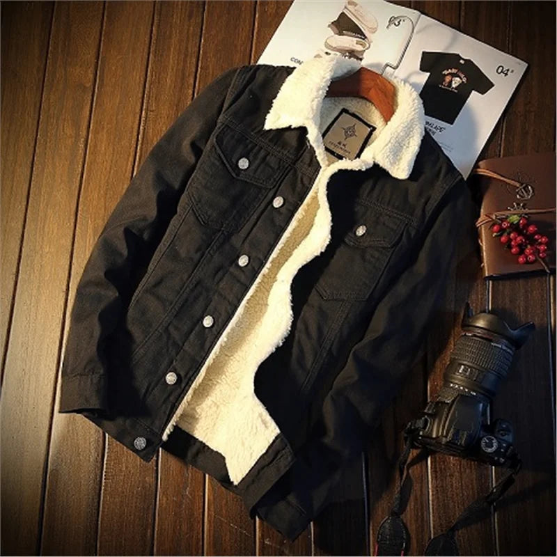Men's Denim Jacket Autumn Winter Thickened Fleece Collar Cotton Jacket Loose Fit Warm Korean Style Lamb Velvet Lined Coat