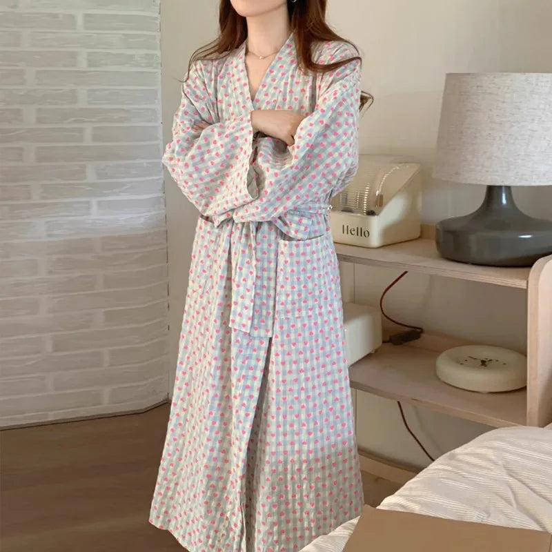 Women's Robe Bathrobe Bathing Love Plaid Loose Long Sleeve Long Kimono Pajamas V-neck Lace Up Trousers Nightgow Sexy Ladies Girl