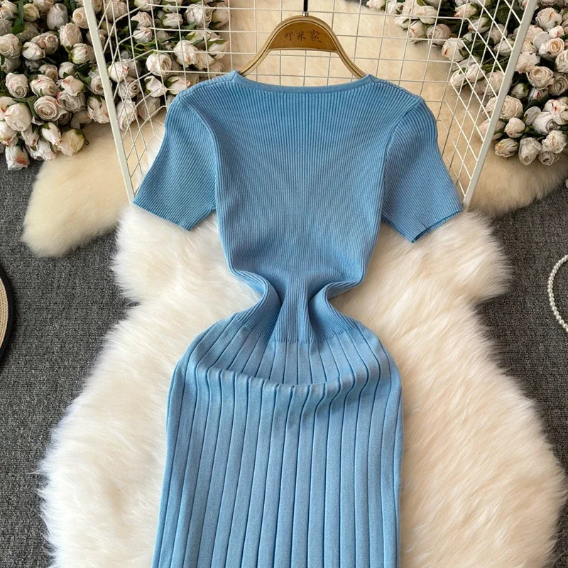 Elegant Knitted Long Dress Women Summer V Neck Single Breatsed Short Sleelve Bodycon Dresses Fashion Party Office Lady Vestidos