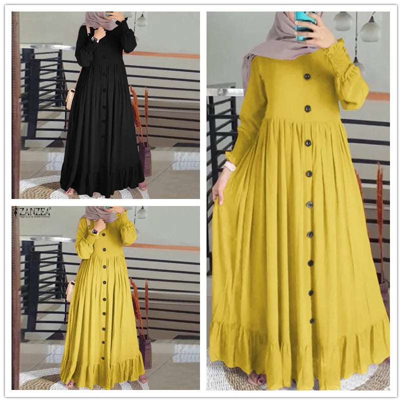 Retro Loose Large Round Neck Ruffle Dress, Arab Robe, Cotton and Hemp Art, Muslim Luxury Fashion, Spring and Autumn, New