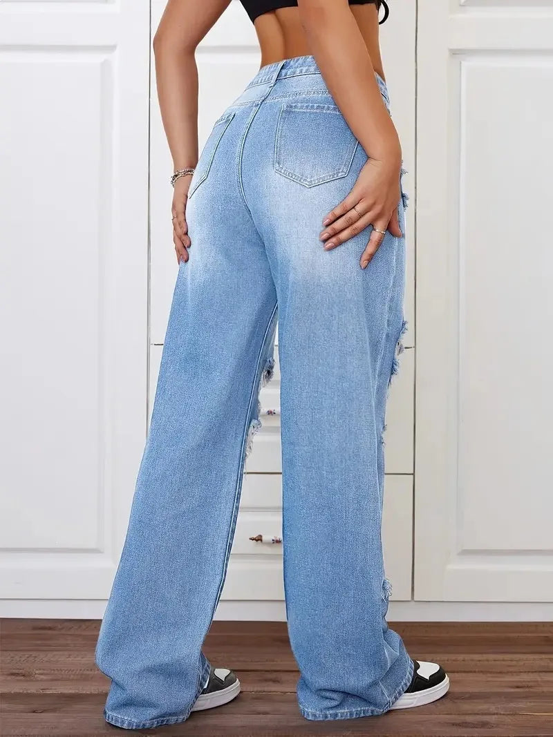 Jean femme taille haute déchiré – Coupe wide leg streetwear