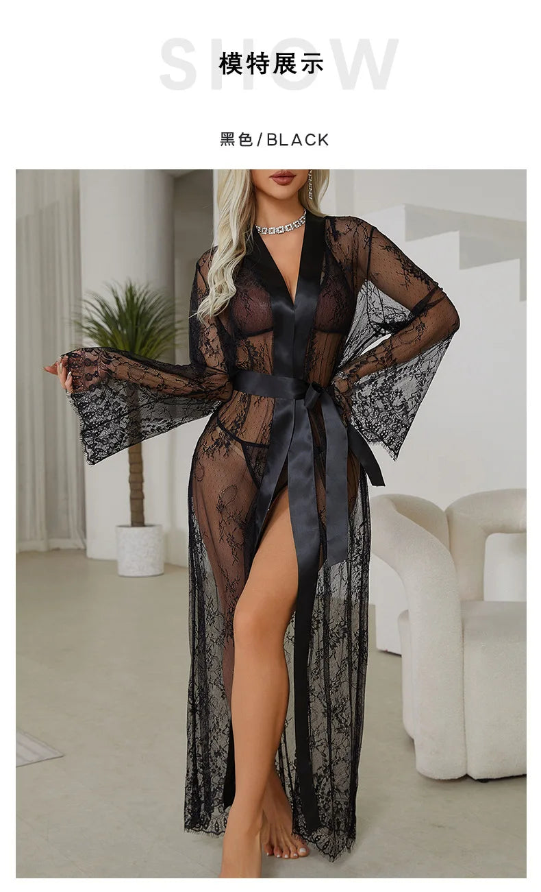 Women's Sheer Lace Robe Sexy See Through Nightgown with Jacquard Lace Floral Trim Satin Lounge Dress for Kimono Robe Home Wear