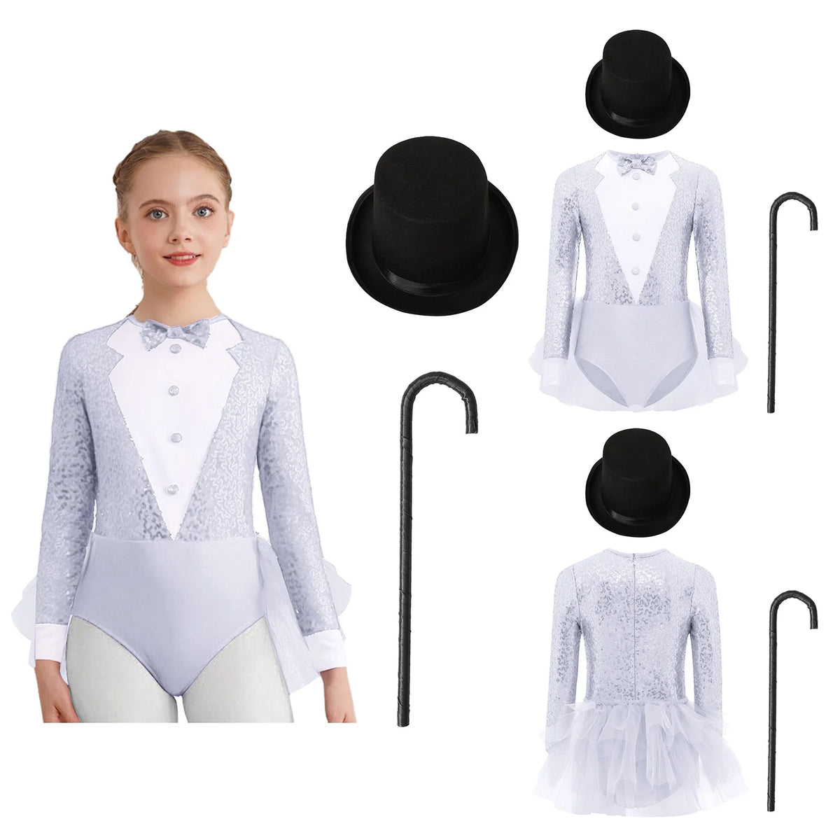 Kids Girls Majorette Leotards Showman Jazz Dance Costume Magician Outfit Tuxedos Bodysuit with Hat And Crutch Sequins Leotard