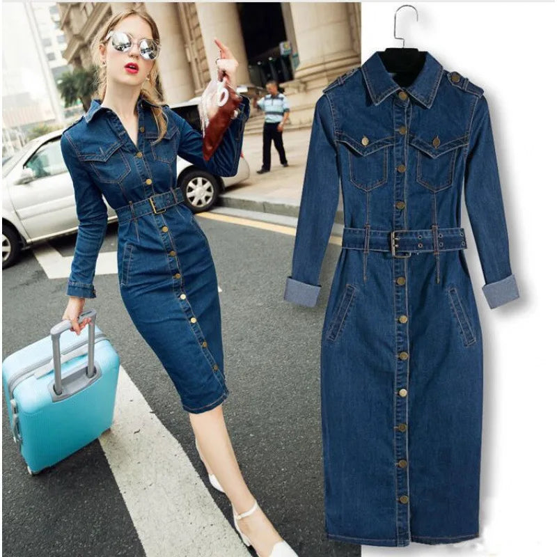Robe-chemise en denim femme – Y2K mi-longue à ceinture